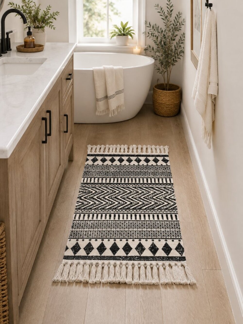 Boho Geometric Area Rug 23x35 Black Cream Tassel Farmhouse Accent Rug
